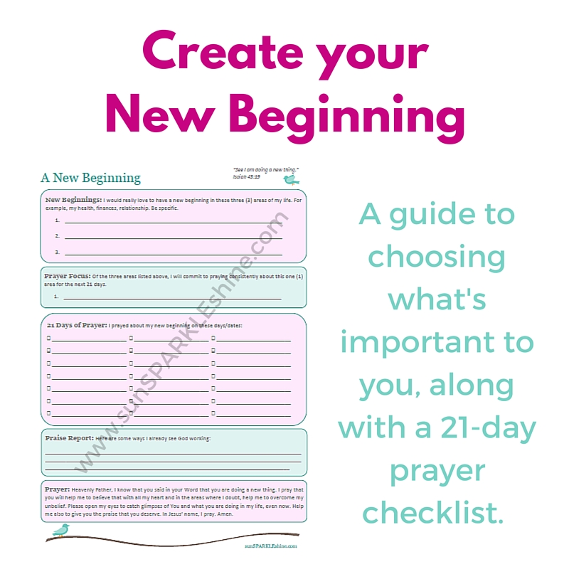 A free guide to choosing what's important to you, along with a 21-day prayer checklist to help you jump into your new beginning.