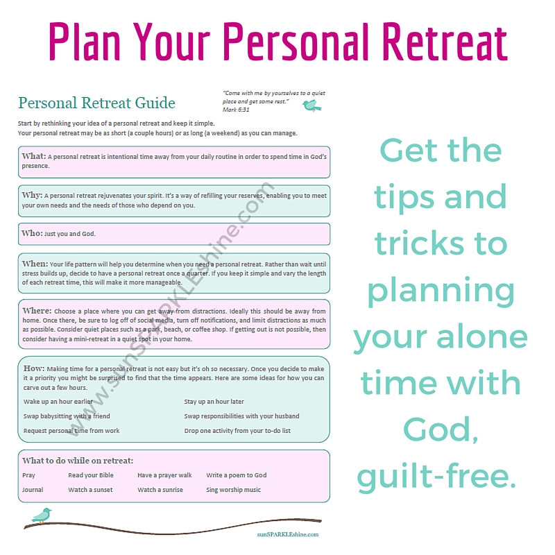 Take time for a personal retreat to rejuvenate your spirit. These 6 tips and the free guide will give you retreat ideas & help you plan one without guilt. Spiritual retreat. Time with God for women.